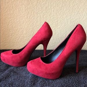 Red suede platform heels